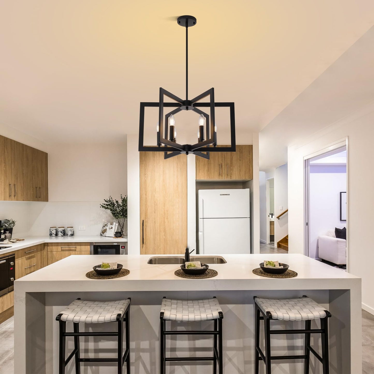 21.6" Black Farmhouse Chandelier, 6-Light Geometric Pendant, Modern Industrial Rustic Lighting for Kitchen, Dining, Living Room