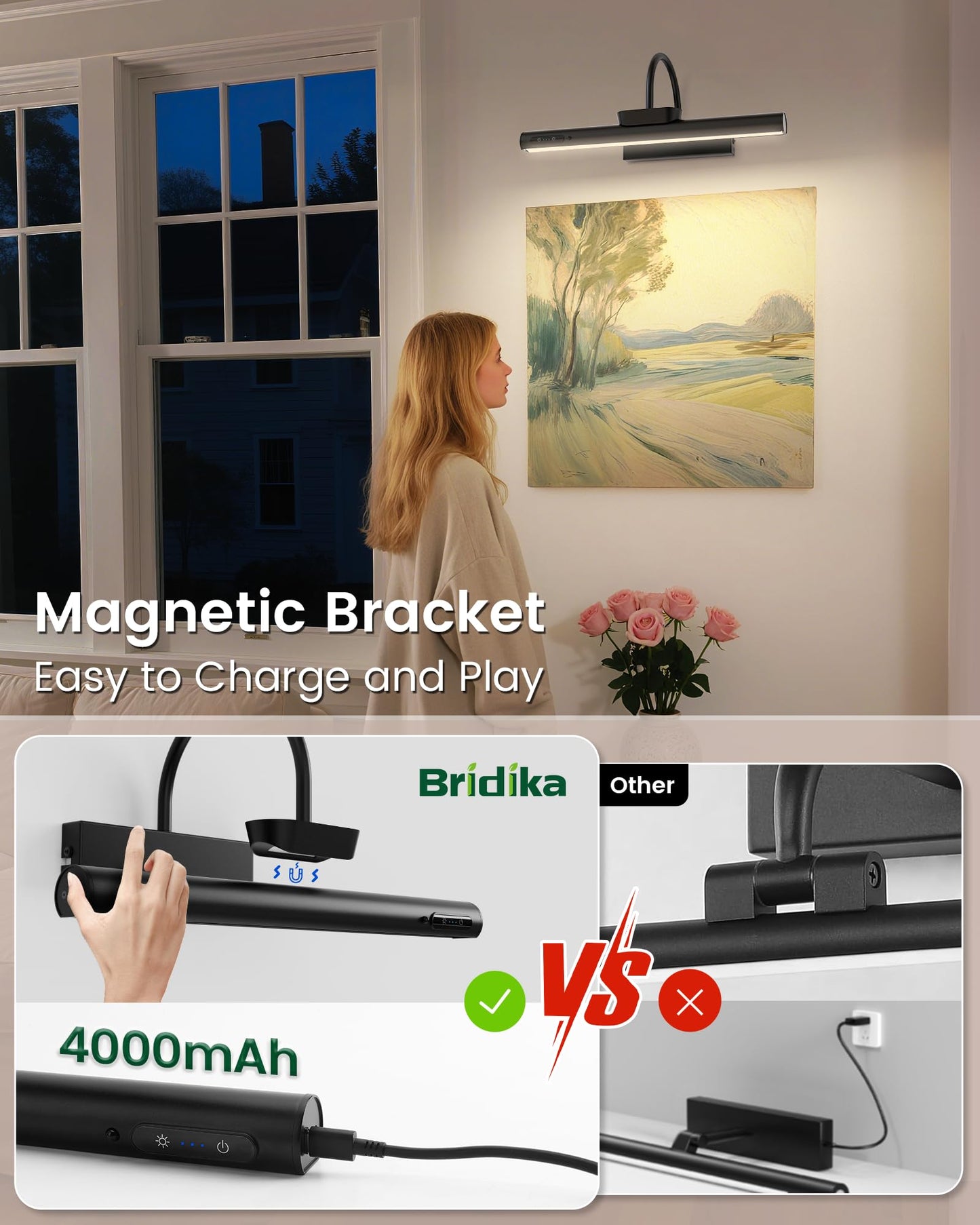 **Bridika Battery Operated Picture Light, 13.8” Rechargeable Art Light, 3 Color Modes & Dimmable Brightness for Paintings, Gallery, Bedroom, Black**