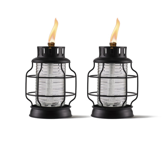 TIKI 2-Pack Tabletop Metal Torch Lanterns – Outdoor Decorative Tiki Torches with Fiberglass Wick & Snuffer for Patio, Garden, Backyard