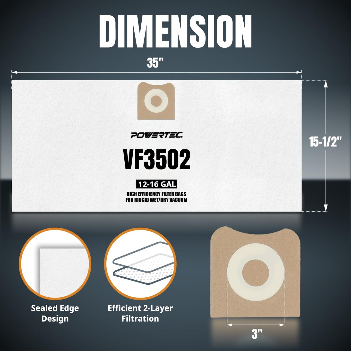 POWERTEC 23743 VF3502 Size A Shop Vacuum Bags for Ridgid 6 Pack, 12-16 Gal. Vacuum Bags for Ridgid HD1200, HD1400 Wet Dry Vac (75002P3)
