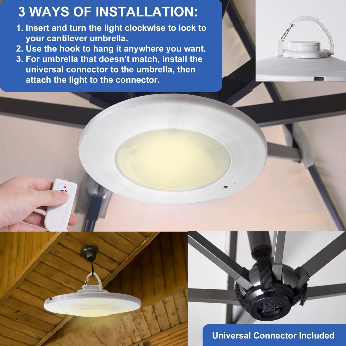 Happetite Rechargeable Umbrella Lights for Patio | Warm White, 3 Brightness Modes, Remote Controlled, Battery Operated for Outdoor & Garden