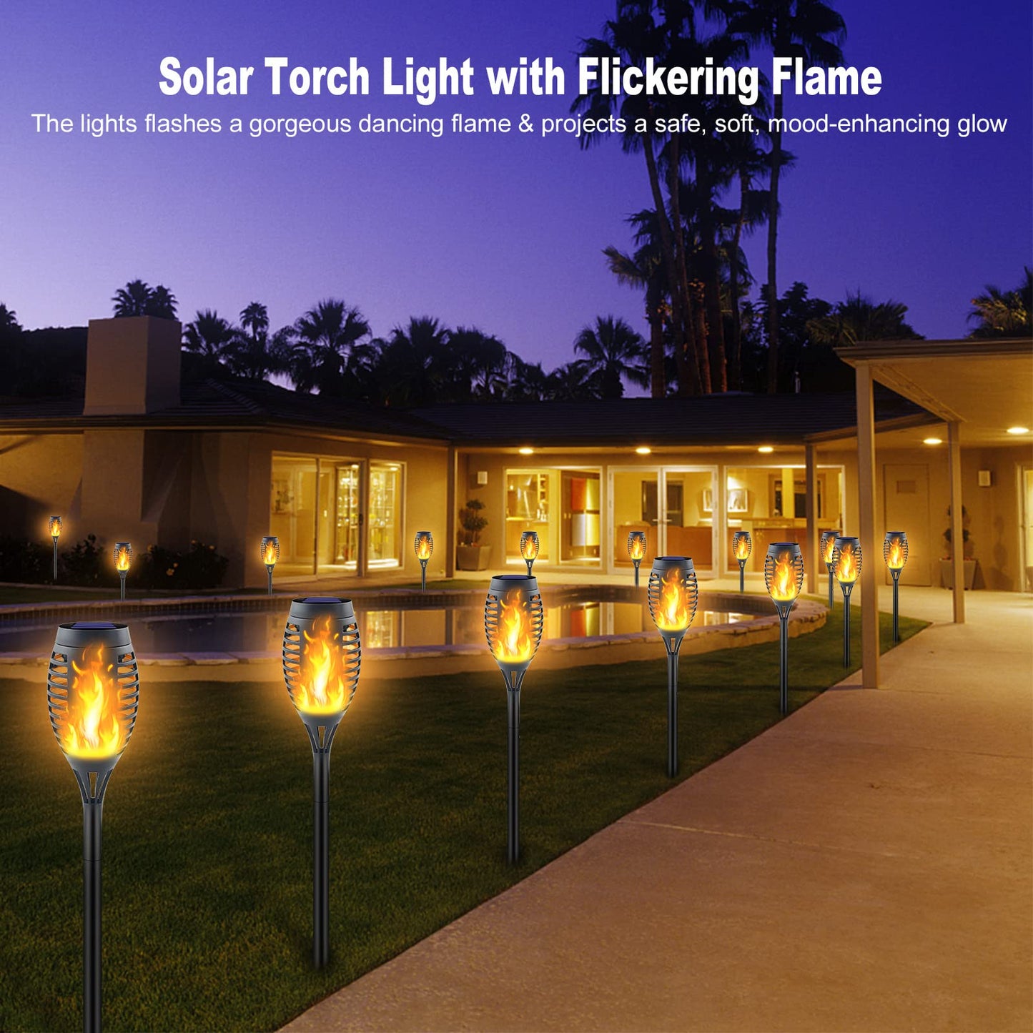 Permande 16-Pack Solar Torch Lights, Flickering Flame, Waterproof Outdoor Garden Pathway Yard Lights, Auto Dusk-to-Dawn