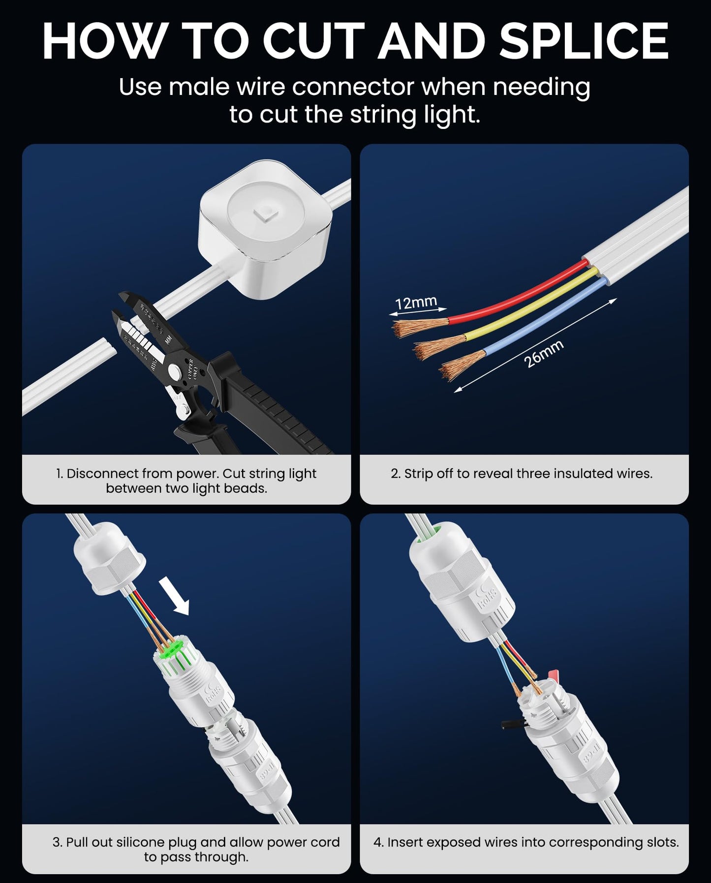 CybeRoad Splice Output Connector for Govee Outdoor Lights, Waterproof Male Extension Cable, Compatible with H706A/B/C & H703A/B