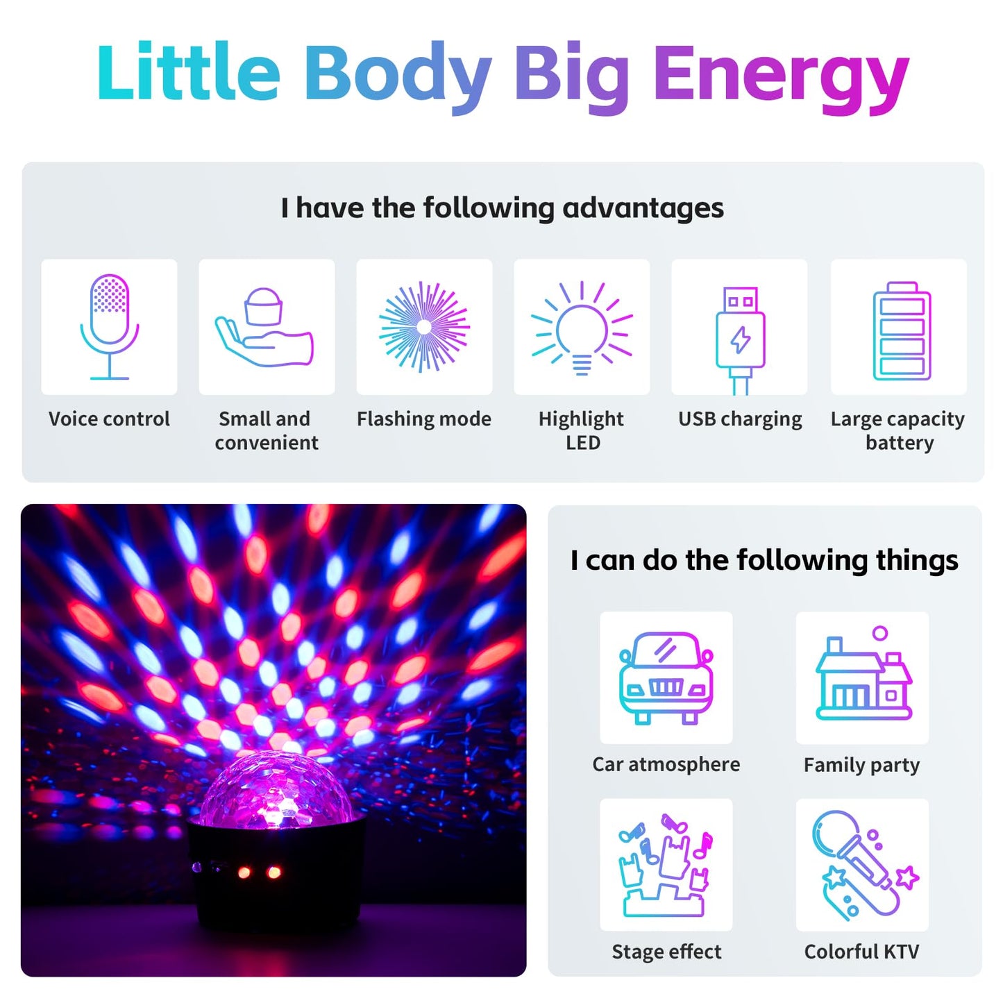 Car Disco Ball Sound Activated LED Lights – Mini Multicolor DJ Disco Light with Music Sync for Car & Room Decor