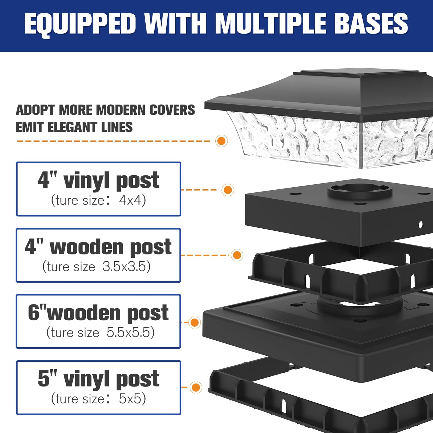 VOLISUN Solar Fence Post Cap Lights, 12 Pack, Warm White, 2 Modes, Waterproof, ABS Lens, Fits 4x4 & 6x6 Wood/Vinyl Posts, Black