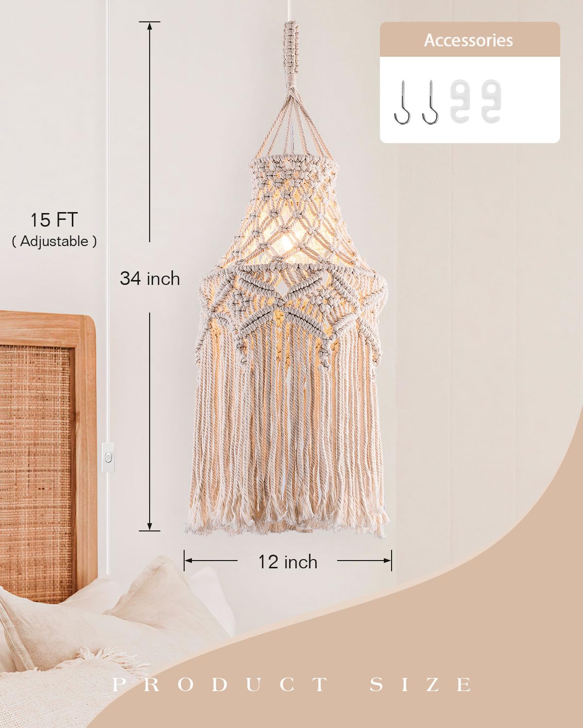 FLSFU Boho Macrame Pendant Lamp, Plug-In Hanging Light with Cord & Switch, Bohemian Wall Outlet Fixture for Bedroom & Living Room