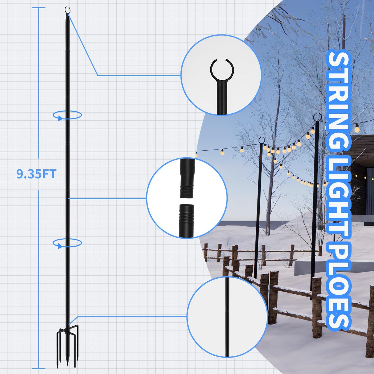 4-Pack 9.3ft Outdoor String Light Poles with Forks – Metal Hanging Posts for Patio, Garden, Backyard, Yard & Porch Decorations