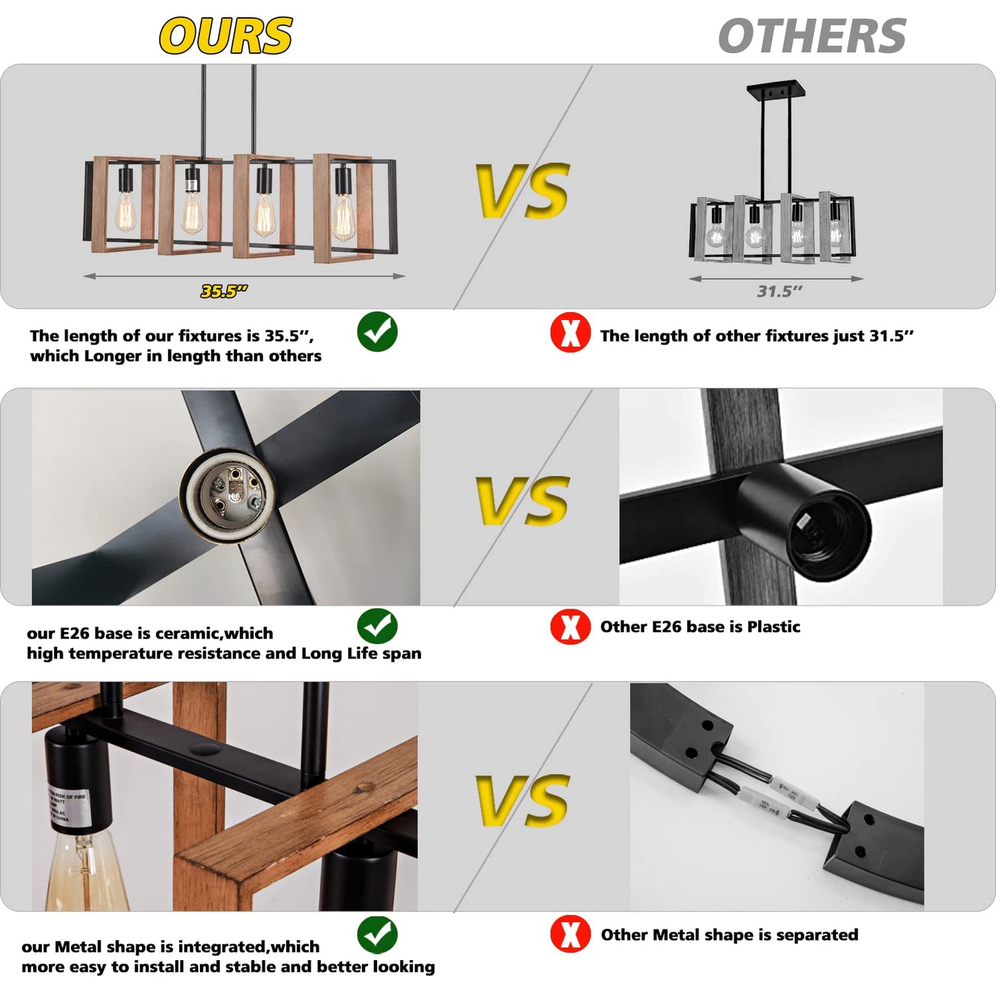 **Farmhouse 4-Light Rectangular Pendant Chandelier, Wood & Black Metal Kitchen Island Dining Room Light, 35.4"**