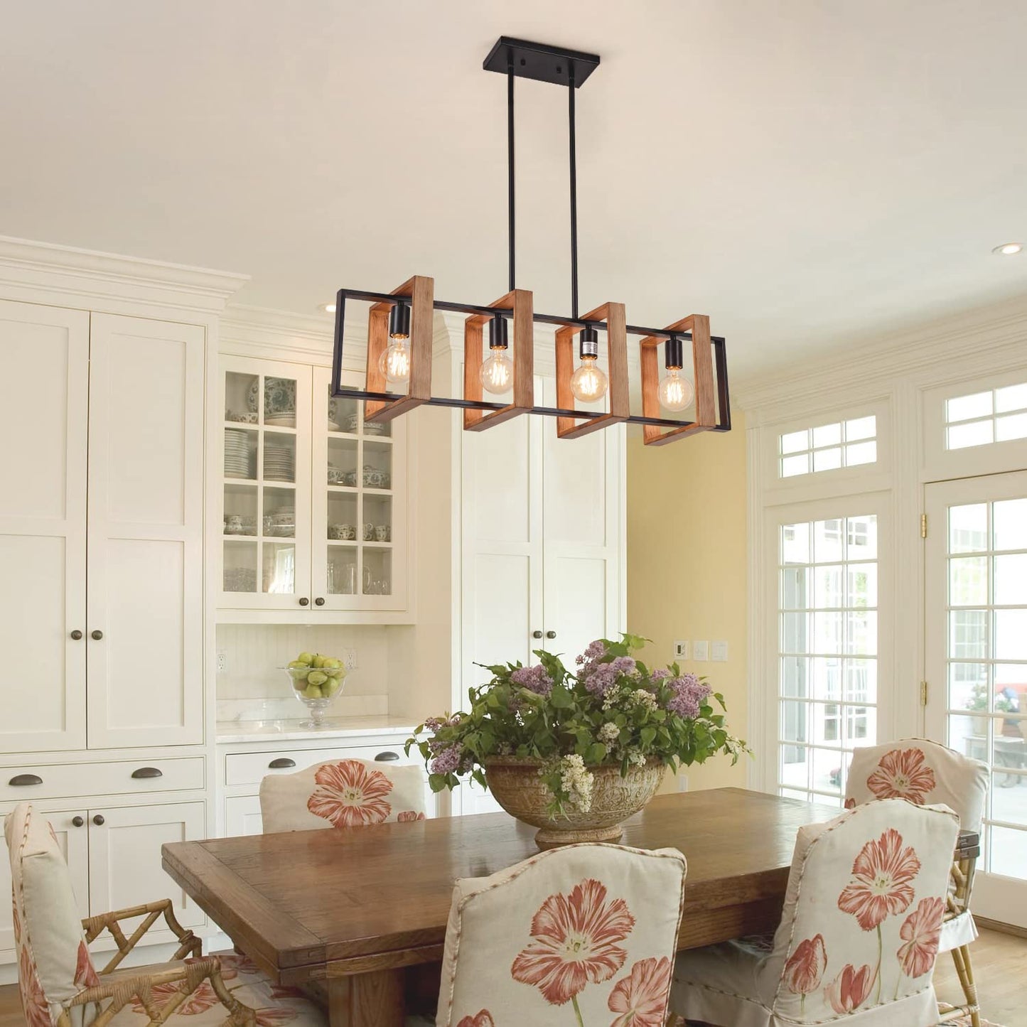 **Farmhouse 4-Light Rectangular Pendant Chandelier, Wood & Black Metal Kitchen Island Dining Room Light, 35.4"**