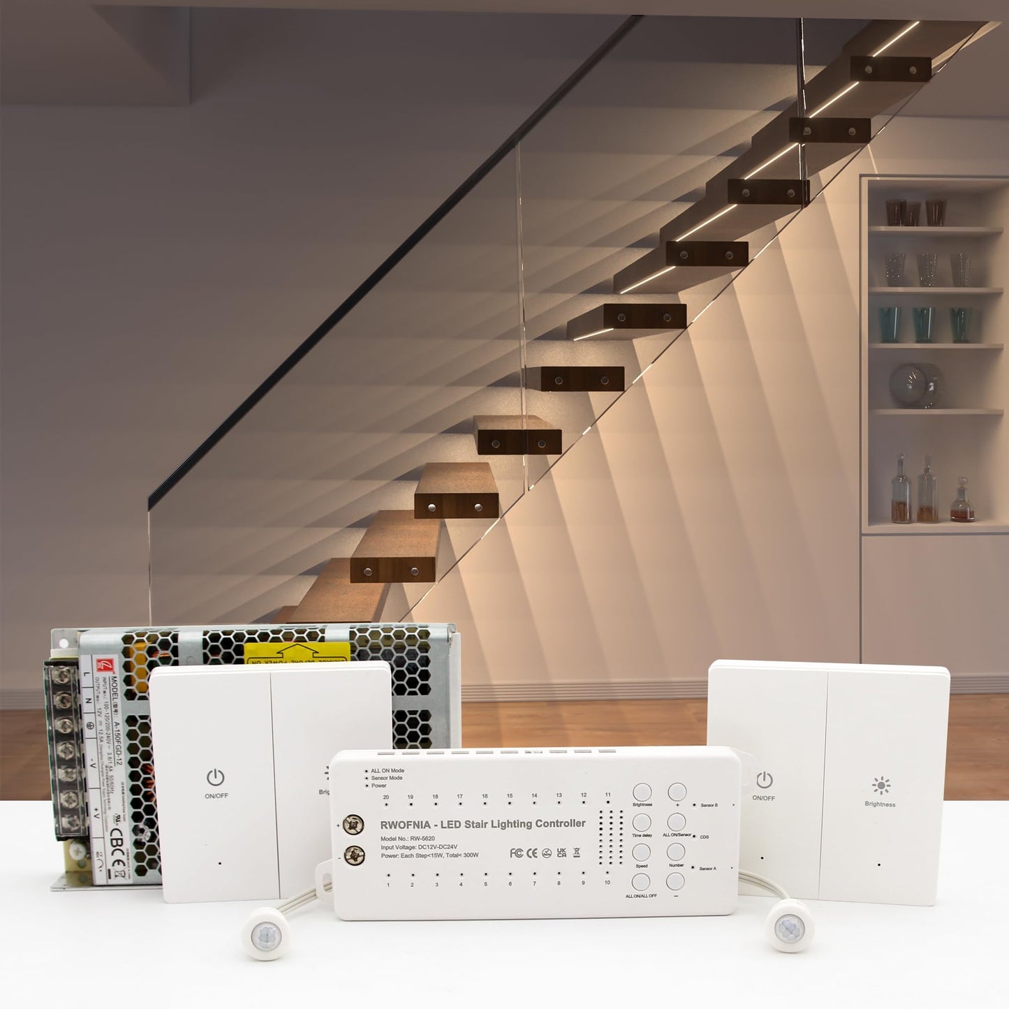 RWOFNIA Motion Sensor LED Stair Light Kit RW-5620, 40" Cuttable Warm White 3000K, Wall Switch Control, Indoor Stair Lighting for 16 Steps