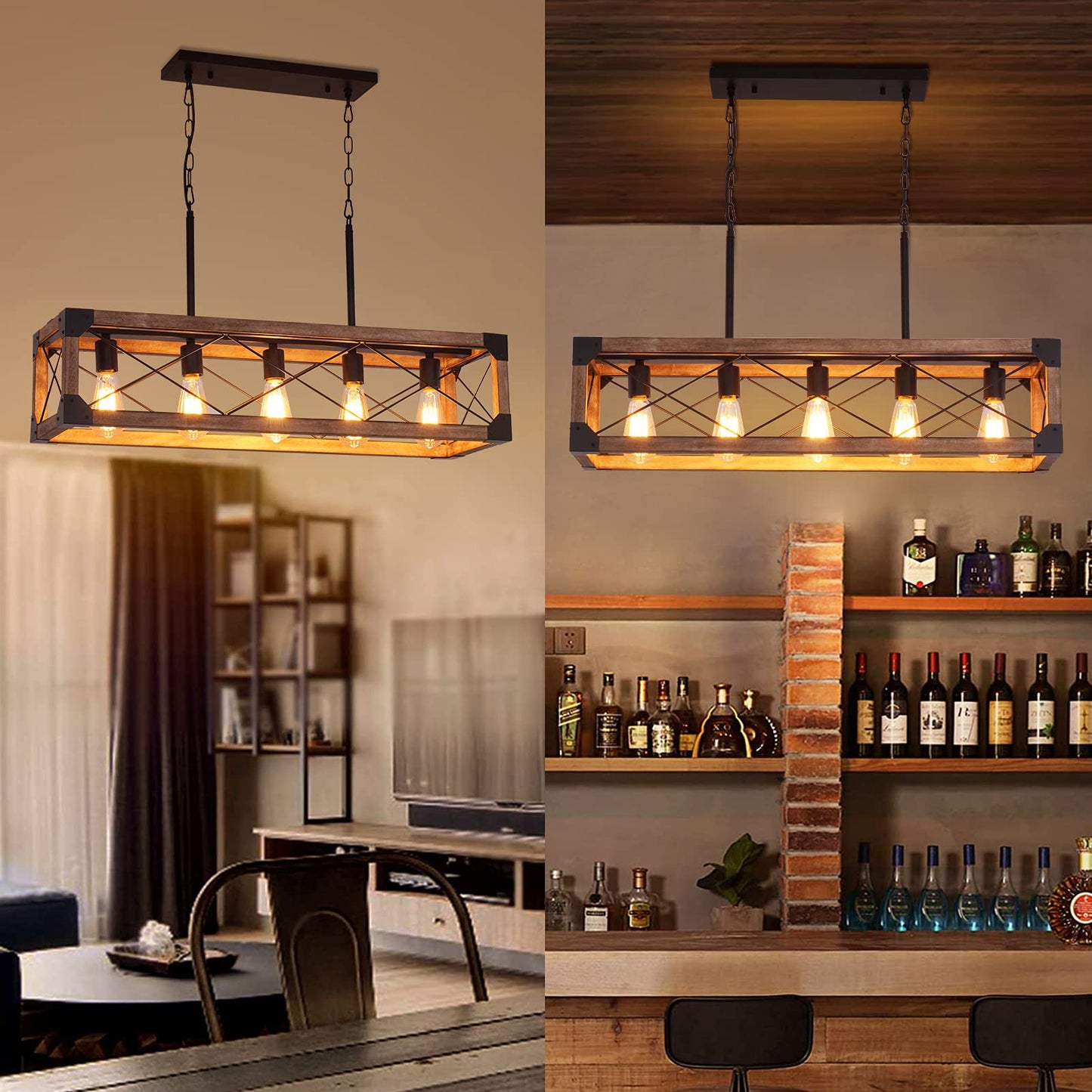 Airposta 33.5" 5-Light Farmhouse Kitchen Island Chandelier, Rustic Wood Grain Industrial Pendant Light for Dining & Pool Table