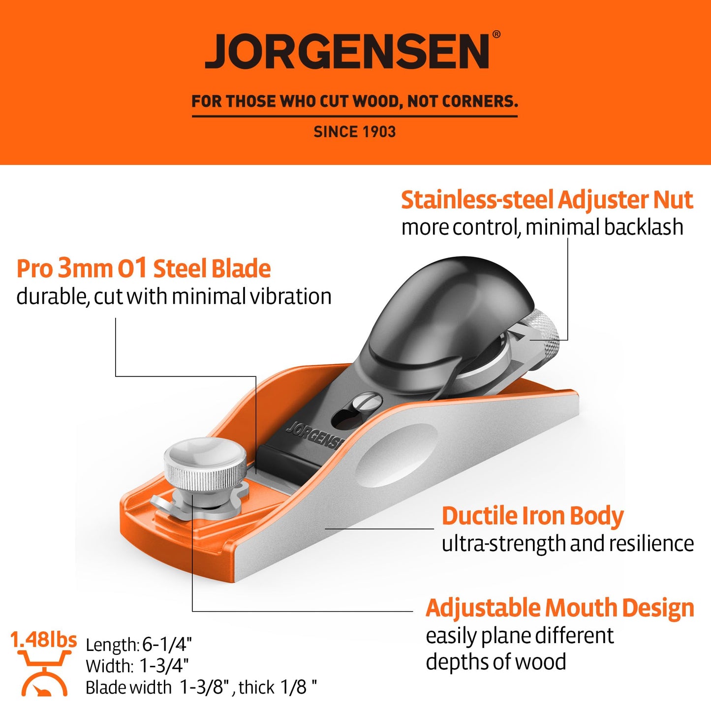 JORGENSEN No.60-1/2 6-1/4" Wood Hand Planer, Low Angle Block Plane for Trimming, Craft & Woodworking, Adjustable Mouth, Ductile Iron Body