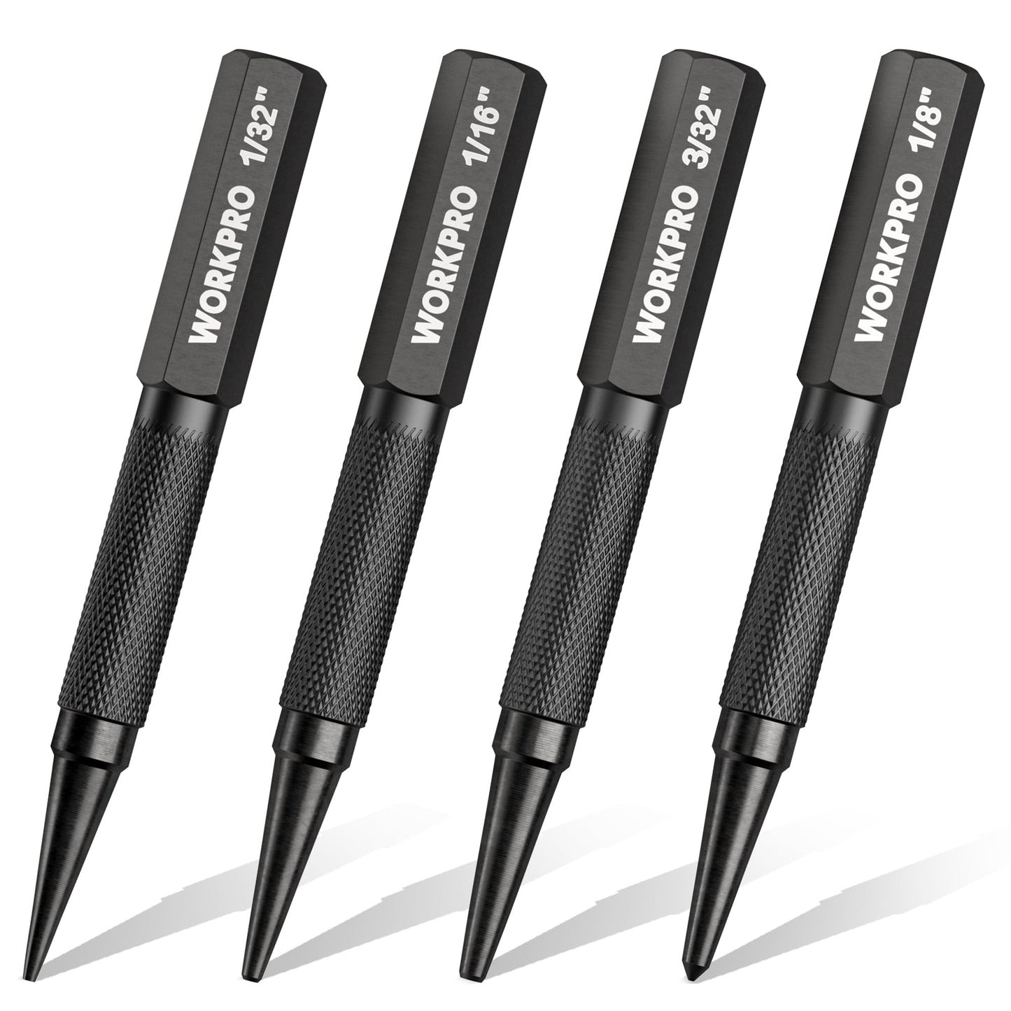 WORKPRO 4-Piece Nail Punch and Center Punch Set, Hardened Cr-V Steel with Knurled Grip,1/32", 1/16", 3/32" Nail Setter & 1/32" Center Punch Tool