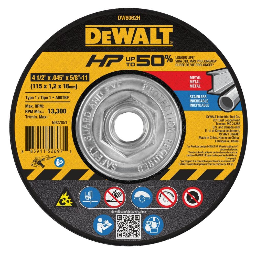 DEWALT DW8062H 4-1/2" X .045" X 5/8"-11 HP Type 1 Cutting Wheel
