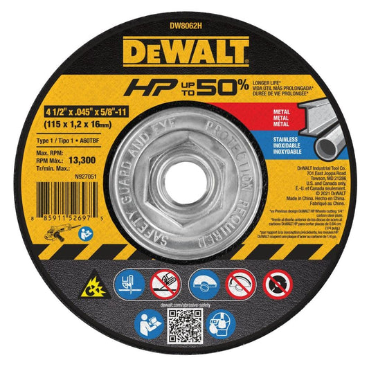 DEWALT DW8062H 4-1/2" X .045" X 5/8"-11 HP Type 1 Cutting Wheel