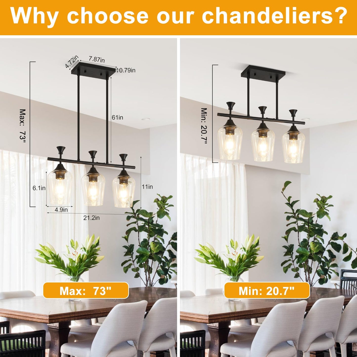 21.2'' Farmhouse Linear Chandelier, 3-Light Dining Room & Kitchen Island Pendant, Matte Black Ceiling Light with Clear Glass Shades