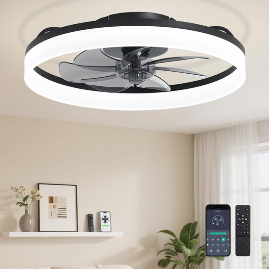 20'' Modern Black Ceiling Fan with Light & Remote, Flush Mount Fandelier for Bedroom, 6 Speeds, Adjustable Color Temperature