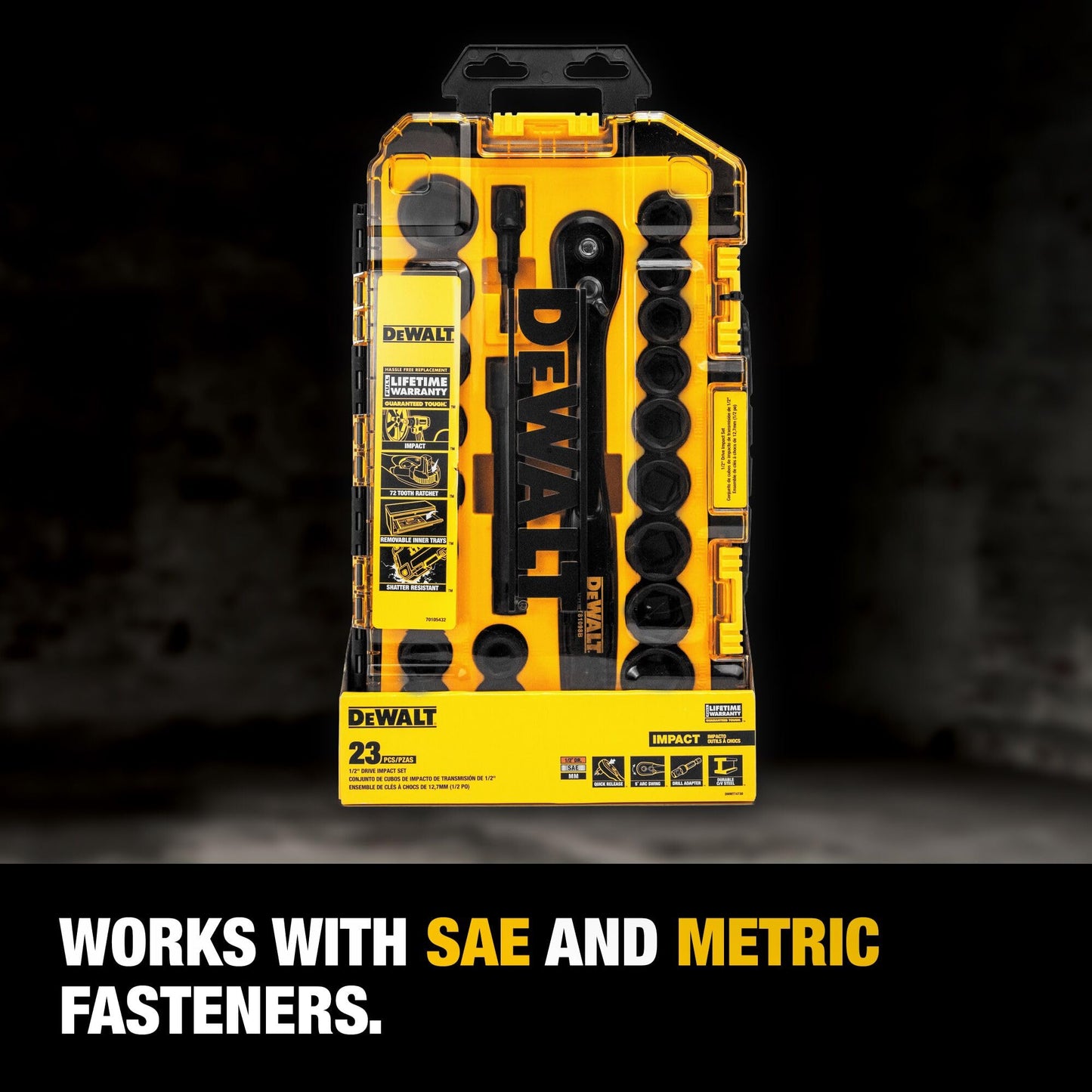 DEWALT Impact Socket Set with Ratchet, Metric/SAE, 1/2" Drive, 23-Piece Set with Case (DWMT74739)﻿ ﻿