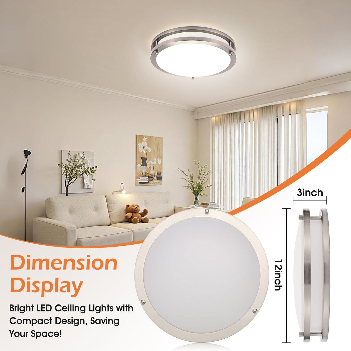 Drosbey 36W Dimmable LED Ceiling Light Fixture, 12" Flush Mount, 4000 Lumens, 5000K Daylight White, Bedroom Kitchen Bathroom