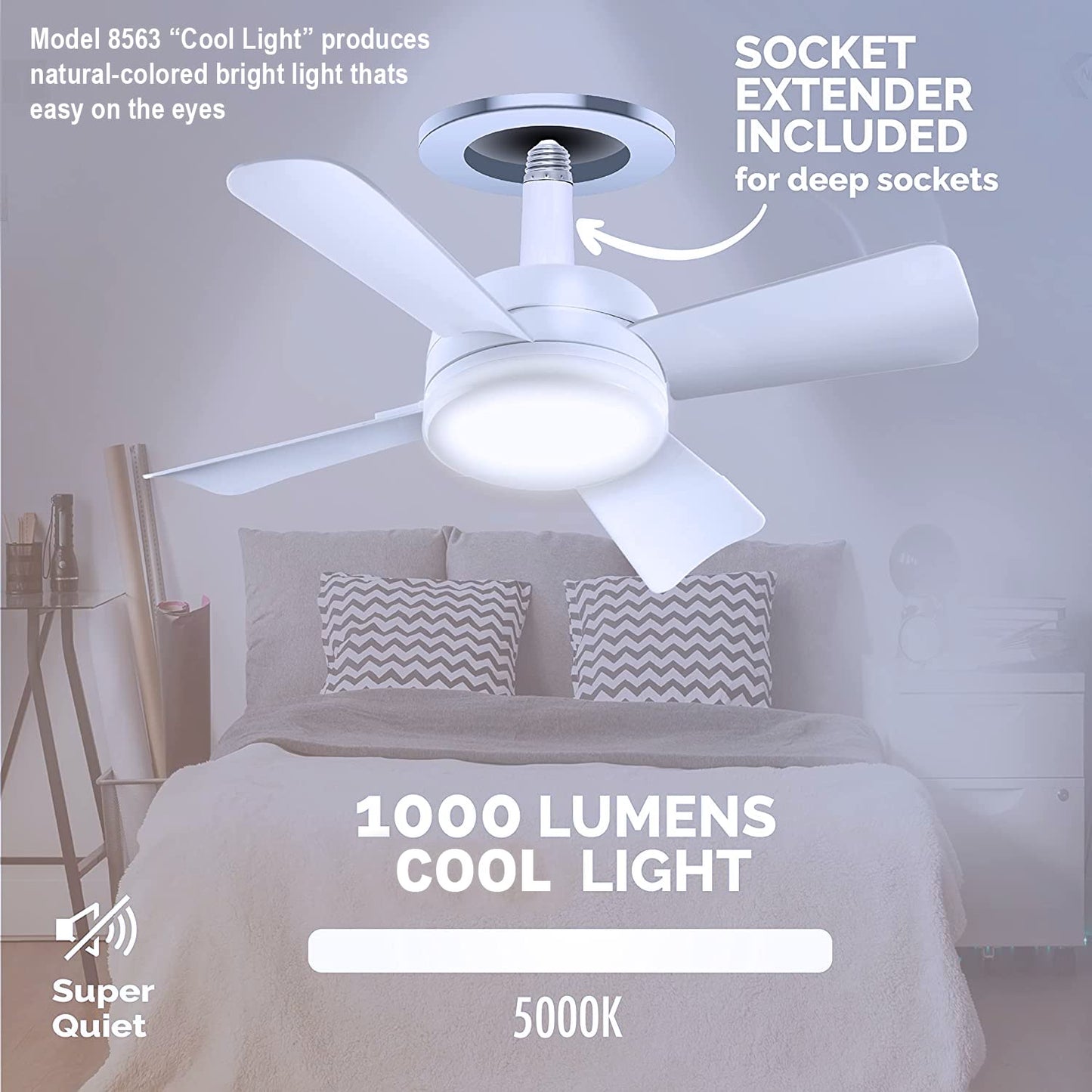 Bell+Howell Socket Breeze Mini Ceiling Fan with LED Light, 10" E26/E27 Screw Base, Corded, for Bedroom, Living Room & Kitchen