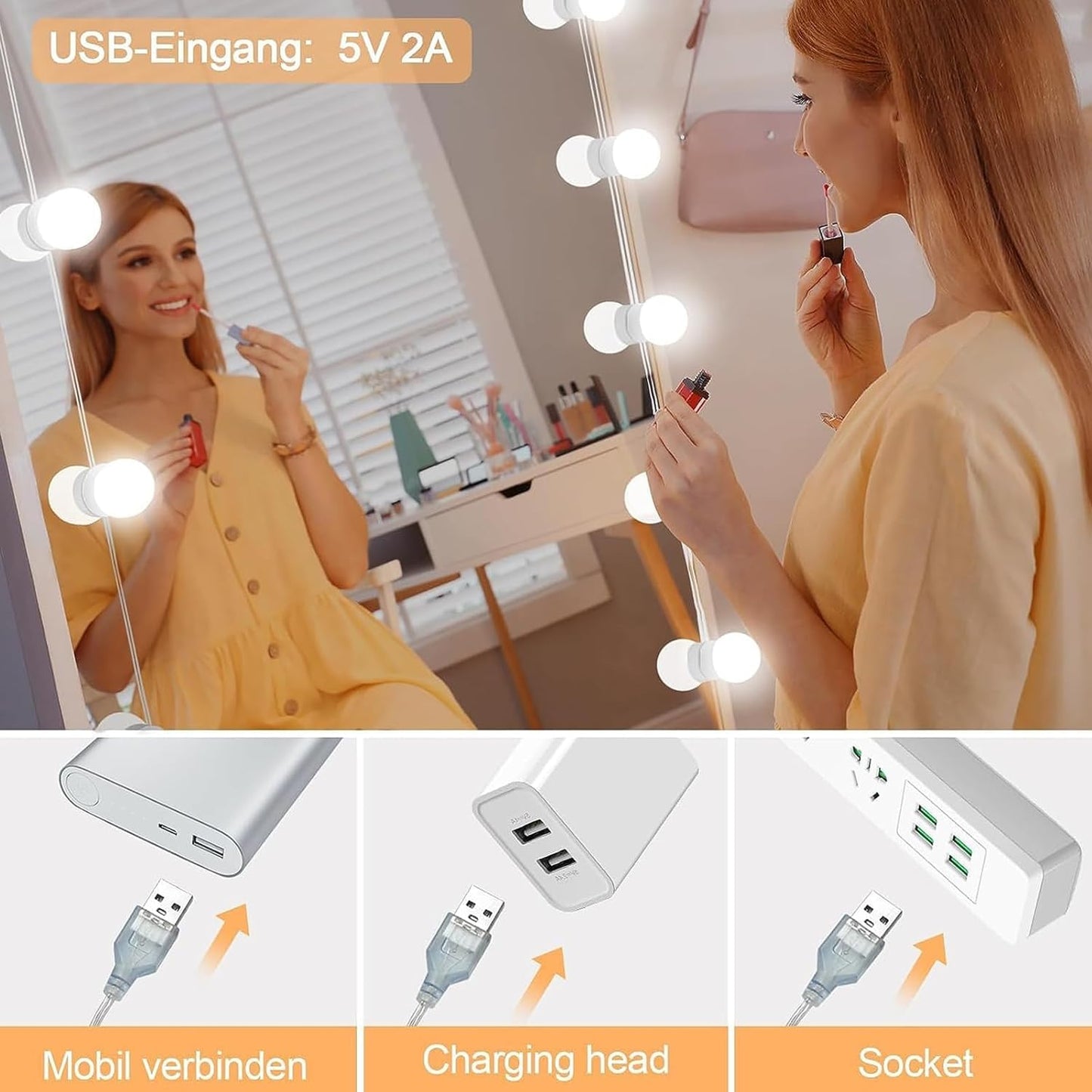 **Pretmess LED Vanity Mirror Lights – Hollywood Style with 14 Dimmable Bulbs, Adjustable Color & Brightness, USB Powered Stick-On Makeup Lights**