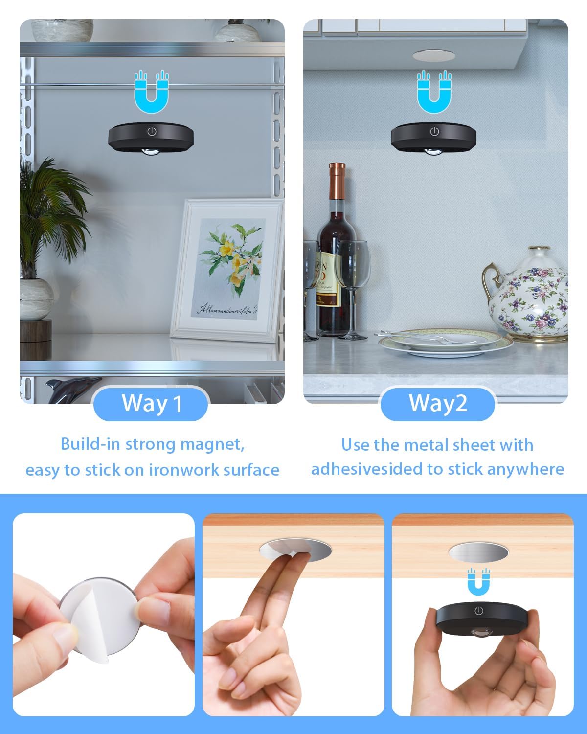 WILLED LED Puck Lights 6-Pack – Remote & Tap Control, Rechargeable 1200mAh, Dimmable Under Cabinet, Wireless Stick-On Closet Lights