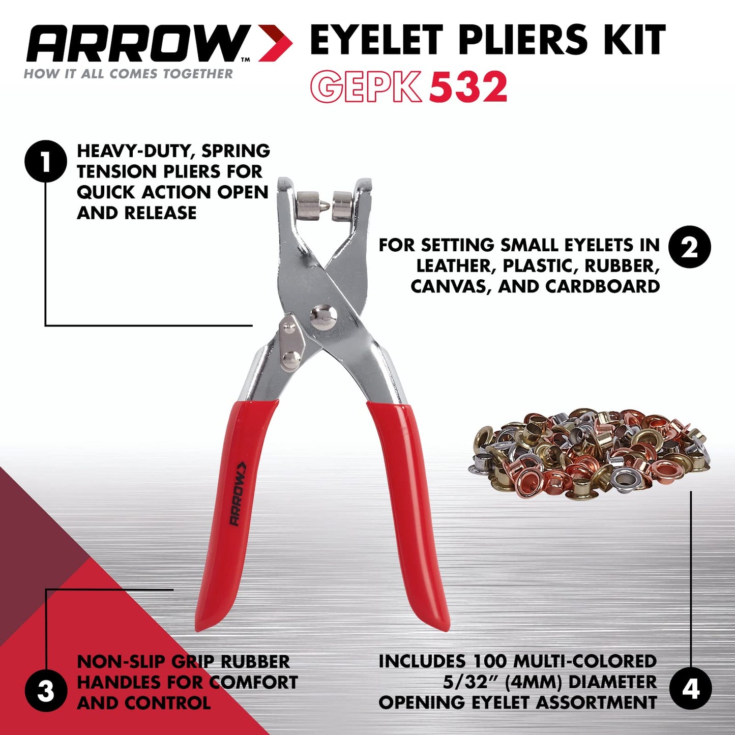 Arrow GEPK532 Eyelet Tool Kit, Hole Punch Pliers for Fabric, Leather, Canvas, Includes 100 Eyelets, 5/32-Inch, Gold,silver