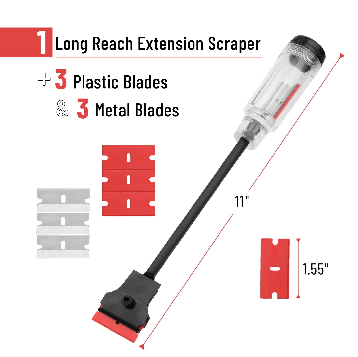 Bates- Long Reach Extension Scraper, 11-Inch, Razor Scraper with Extra 3 Double Edged Plastic & 3 Metal Blades, Long Handle Razor Blade Scraper, Razor Scraper, Window Scraper, Scraper Tool