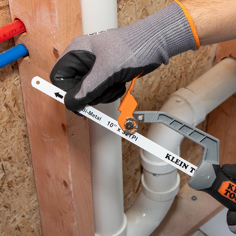 Klein Tools 31432FC Mini Finish-Cut Hacksaw, 10-Inch 32 TPI Bi-Metal Blade Hand Saw, Cuts Plastic, Wood, and Thin-Wall Metal in Tight Spaces