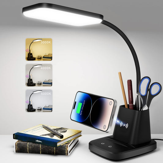 Sailstar LED Desk Lamp with Wireless Charger & Pen Holder, 3 Colors, Dimmable 800LM, CRI 85, Study Lamp for Home, Office, Dorm, Black