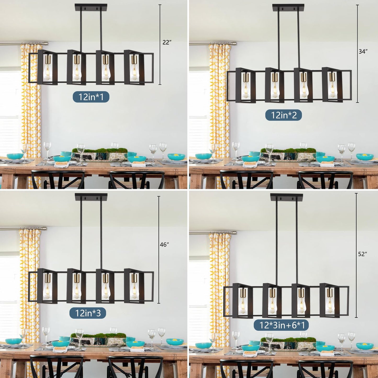 35.4" Kitchen Island Lighting Fixture, Dining Room 4 Lights Chandeliers, Black Wood+Metal Pendant Light for Foyer Hallway Living Room