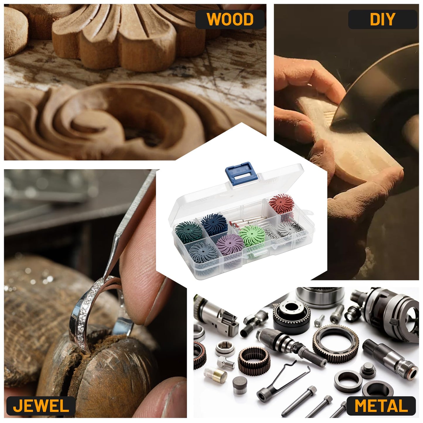 Junchamp 76-Pc 1" Radial Bristle Disc Kit, 1/8" Shank, Grit 80-2500, Rotary Tool Brush for Jewelry, Wood & Metal Polishing