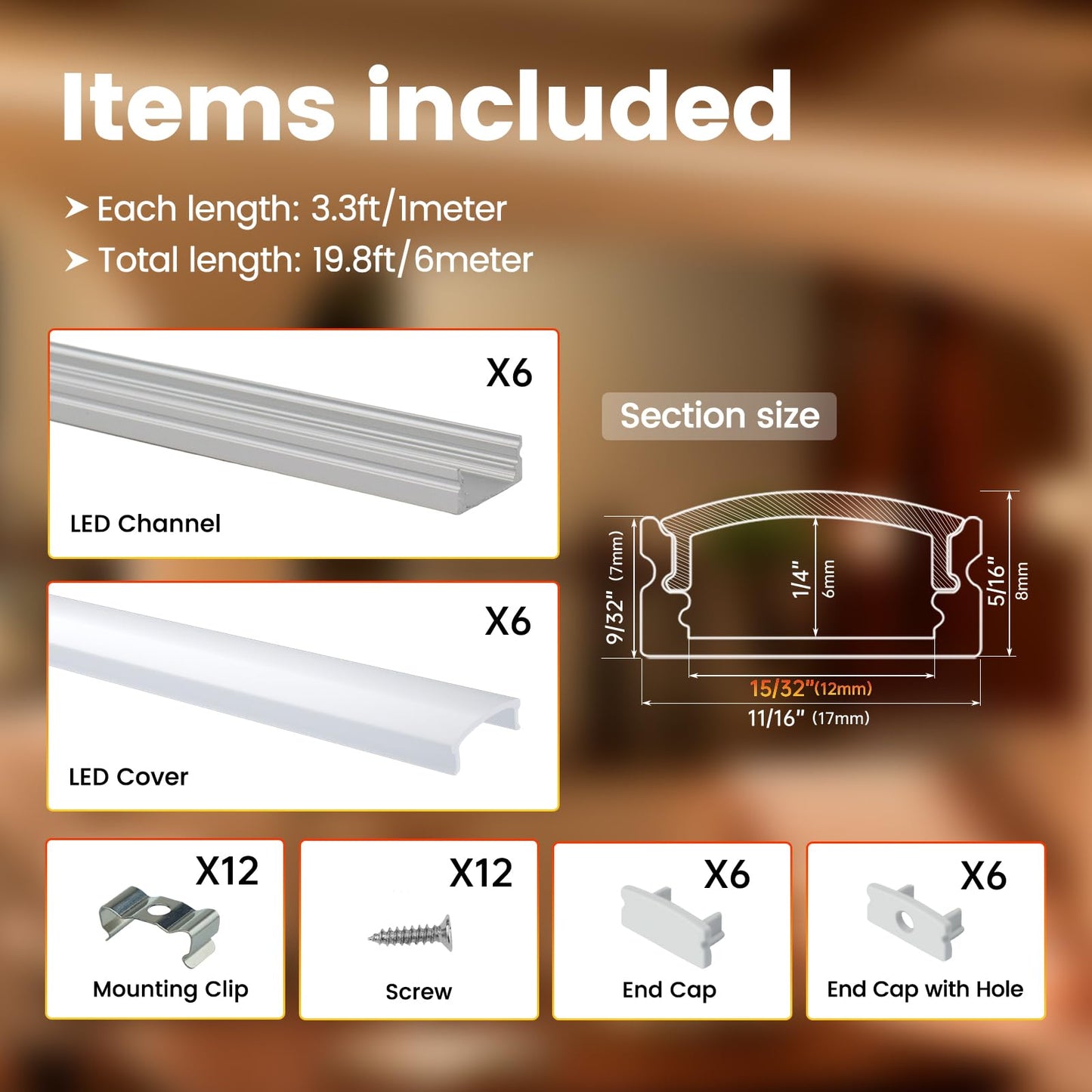 Muzata 6Pack 3.3FT/1M LED Channel Aluminum U Shape Silver LED Strip Diffuser Channel with Milky White Cover Easy Installation U1SW WW 1M