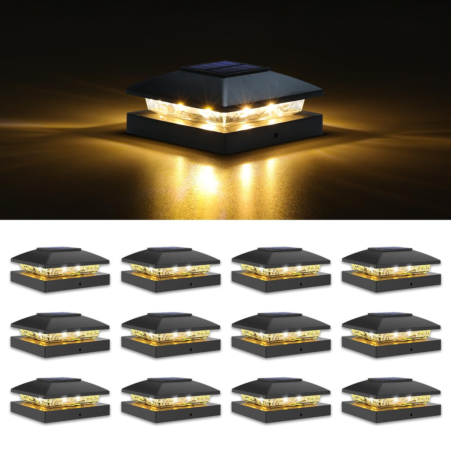 VOLISUN 4x4 Solar Post Cap Lights 12-Pack, Waterproof Outdoor Fence & Deck Lights, Black, Warm White, Solar Powered for Garden/Patio