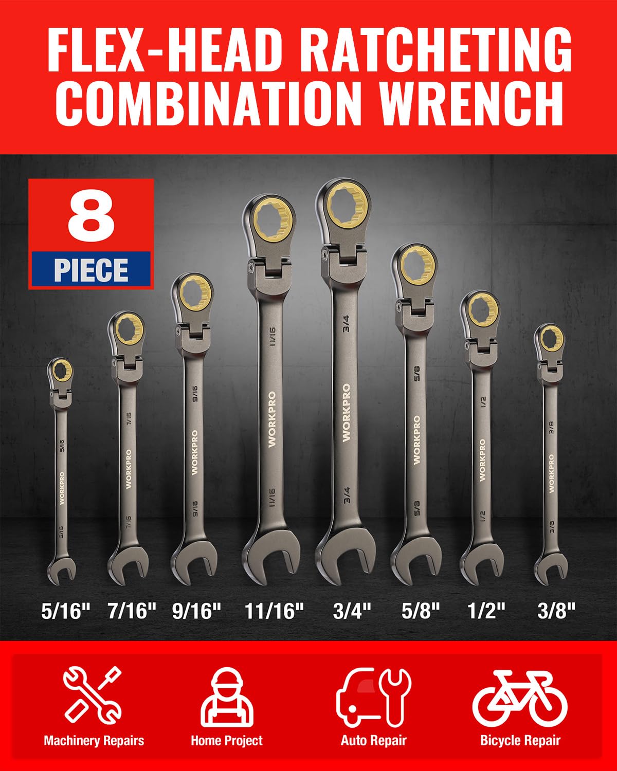 WORKPRO 8-piece Flex-Head Ratcheting Combination Wrench Set, SAE 5/16-3/4 in, 72-Teeth, CR-V Constructed, Nickel Plating with Organizer Bag
