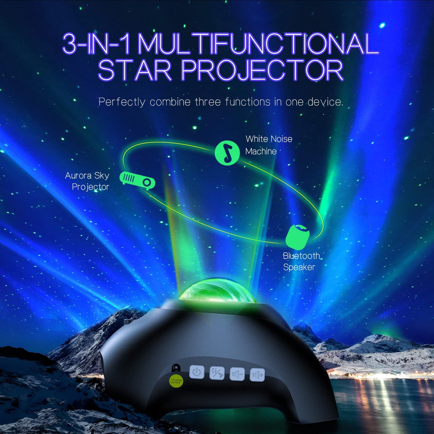 Northern Galaxy Aurora Projector with 33 LED Effects, Star & Nebula Light, Remote, White Noise & Bluetooth Speaker for Bedroom & Parties