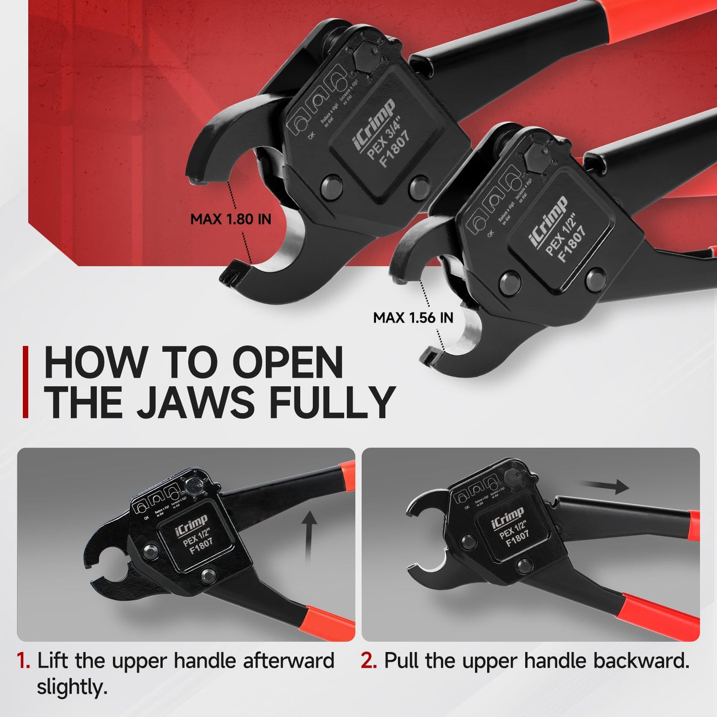 iCrimp Angle Head F1807 PEX Pipe Crimping Tool for Copper Rings - 1/2&3/4-inch Two Crimper Set with Cutter, Suitable for Tight Spaces