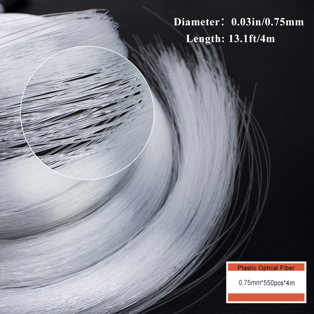 AZIMOM 550pcs 0.75mm Fiber Optic Cable 4m End Glow Strands, PMMA Plastic 0.03in, Star Ceiling Decoration for LED Light Engine