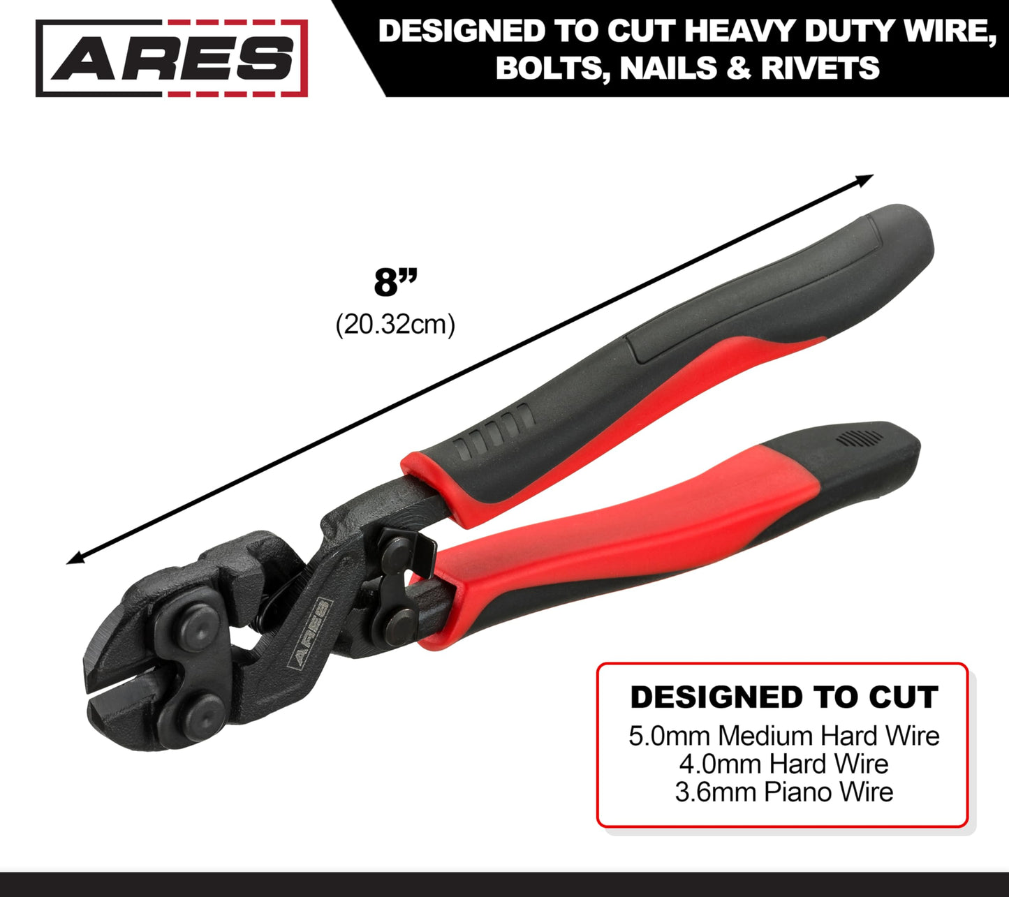 ARES 70664 8" Mini Bolt Cutter - Chrome Moly Steel, Induction Hardened Edges for Heavy Duty Wire, Bolt, Nail & Rivet Cutting