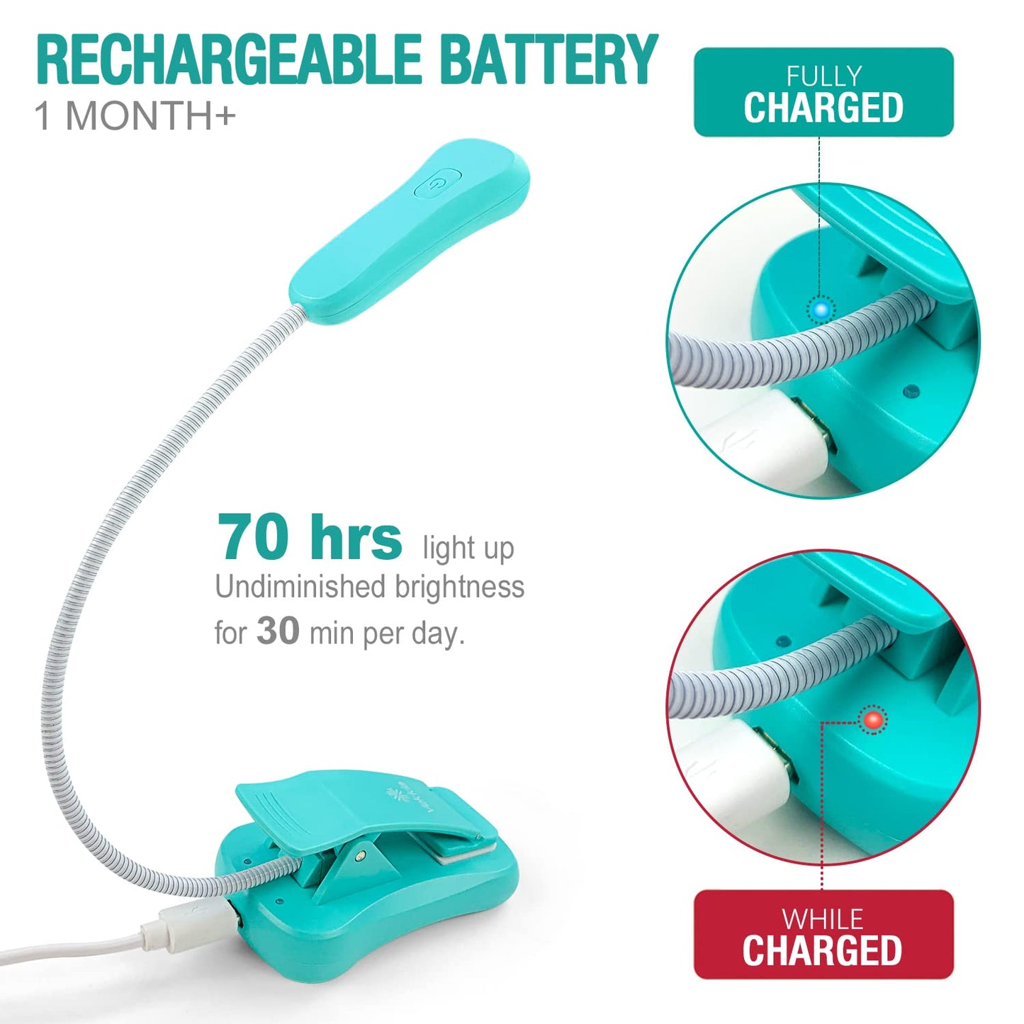 Vekkia Rechargeable Book Light, 3 Colors & 3 Brightness Levels, Lightweight, Up to 70H, Ideal for Reading, Travel – Blue