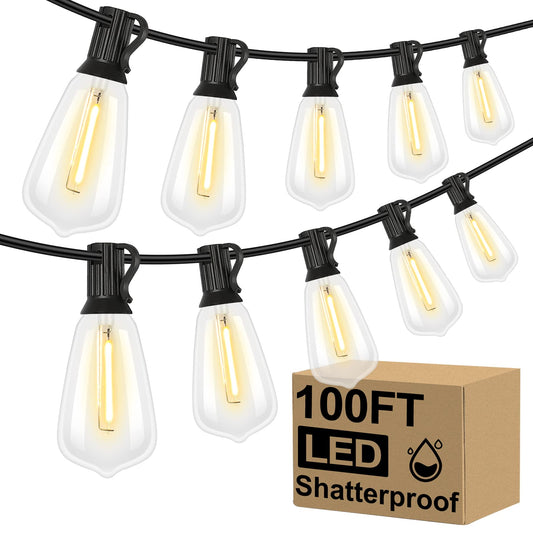 Brightever 100FT Outdoor LED String Lights, 52 Shatterproof Edison Bulbs, Waterproof Patio, Deck, Garden, Balcony, 2700K Dimmable