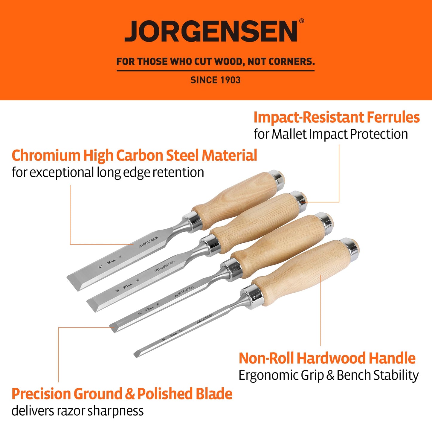 JORGENSEN 4-Piece Wood Chisel Set, Chromium Alloy Steel Beveled Edge, Ergonomic Hardwood Handles, 1/4–1 in
