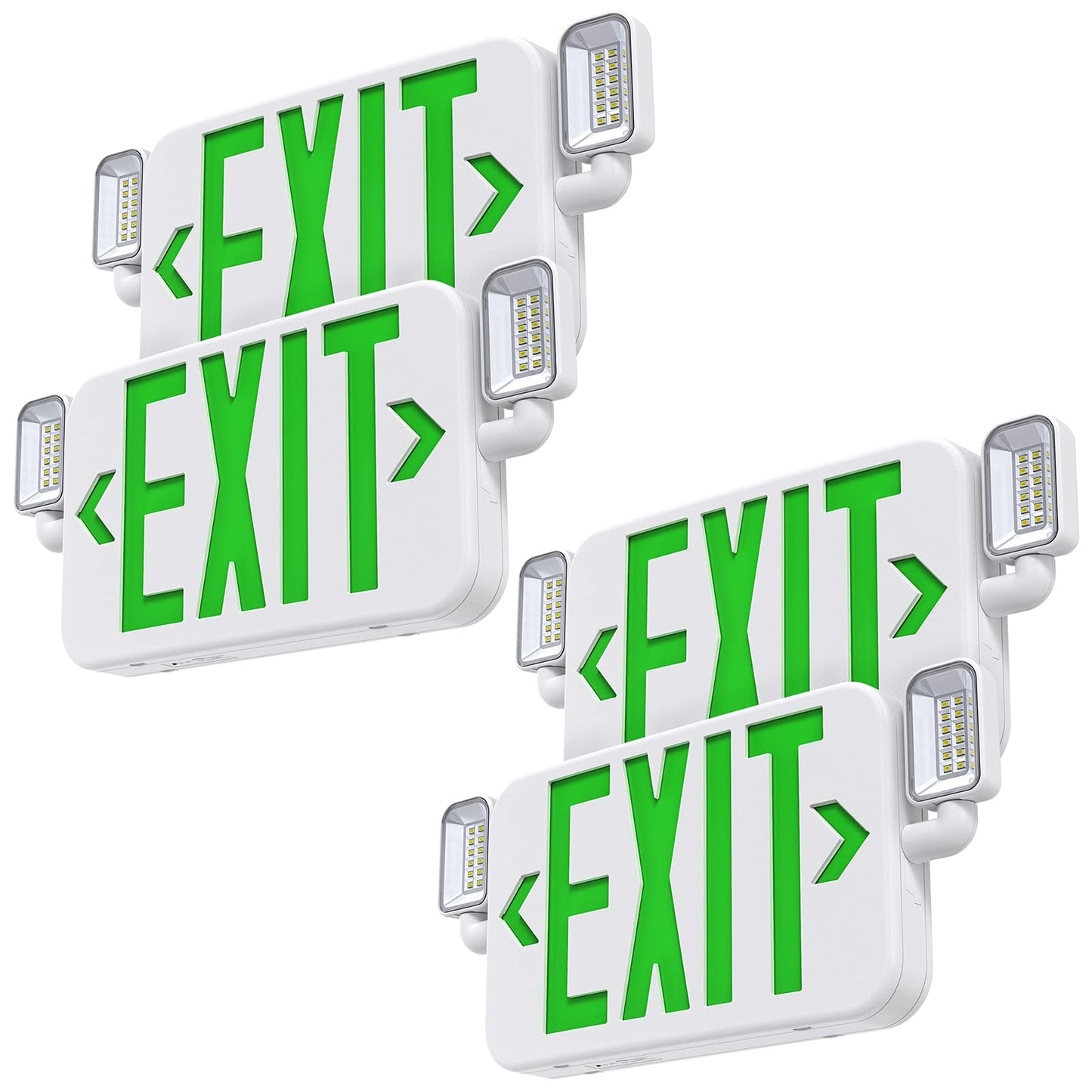 LED Combo Emergency Exit Sign Light with Adjustable Heads & Backup Battery, US Standard Green, UL 924, 120/277V, 4-Pack