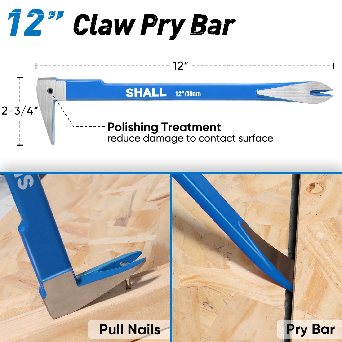 SHALL 4-Piece Pry Bar Set – 12" Cats Paw, 10" & 7.5" Flat Pry Bars, 8" End Cutting Pliers, Crowbar Nail Remover for Baseboards & Floors