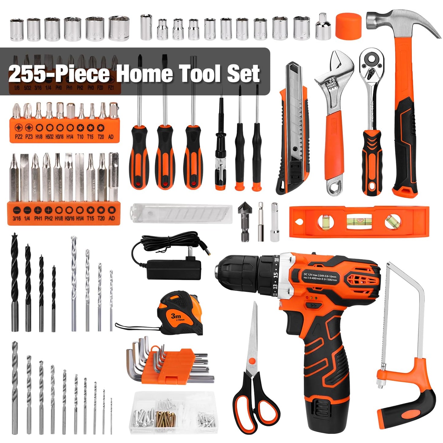 255-Piece Tool Set with 12V Cordless Drill Driver, Complete Household Tool Kit with Drawer Storage Case for DIY & Home Repair