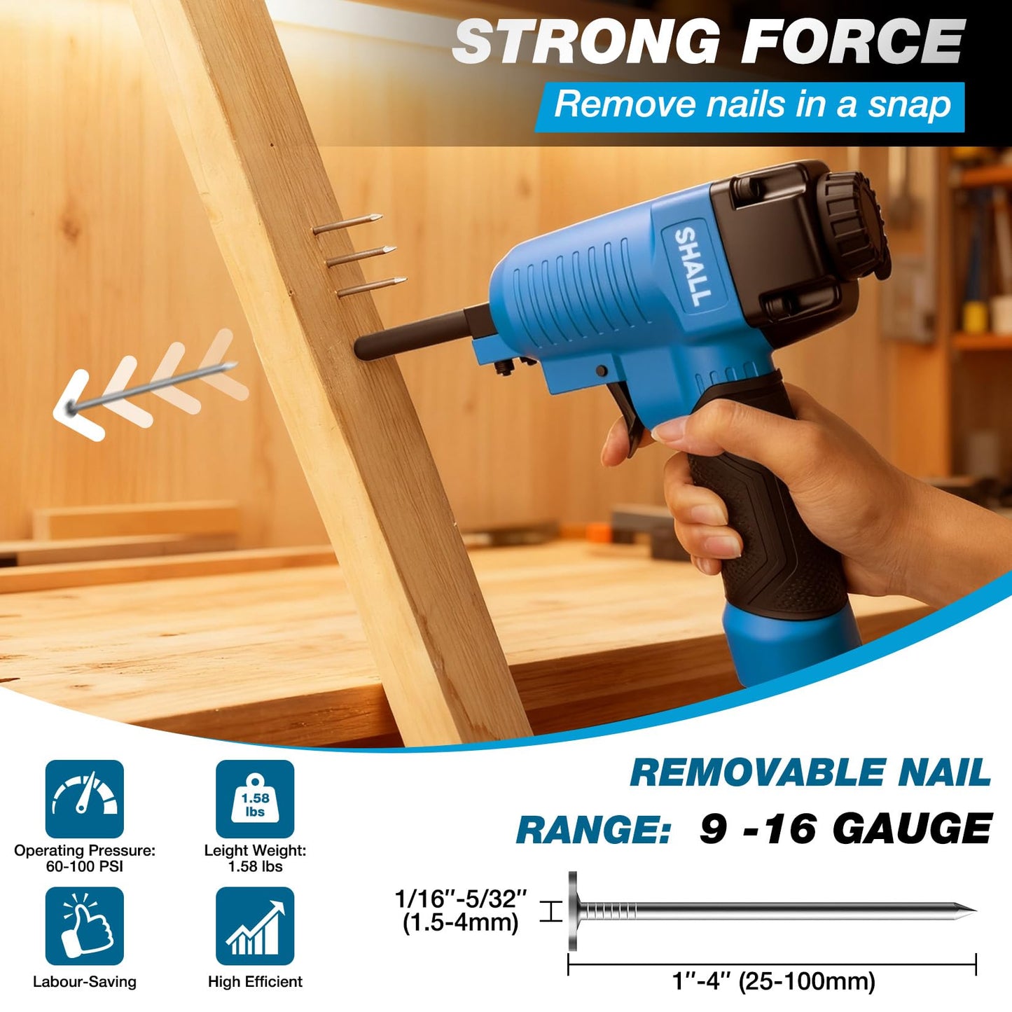 SHALL Pneumatic Nail Remover & 7.5" Pry Bar Set, Heavy-Duty Air Nailer, 9-16 Gauge Nail Puller, 60-100 PSI, 1/4" NPT Air Inlet