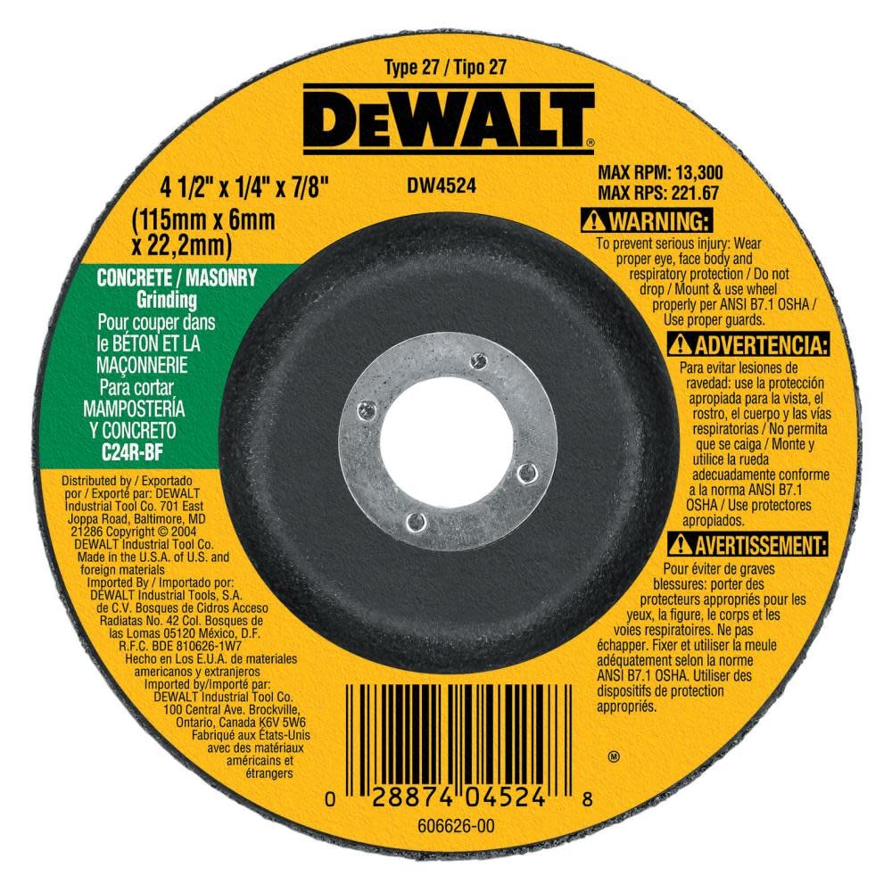 DEWALT DW4524 4-1/2-Inch by 1/4-Inch by 7/8-Inch Concrete/Masonry Grinding Wheel