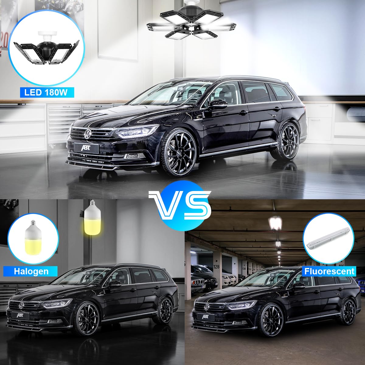 2 Pack 180W LED Garage Lights, 18000LM, 6 Adjustable Panels, Deformable Ceiling Shop Light Fixture, E26/E27 Ultra Bright for Workshop