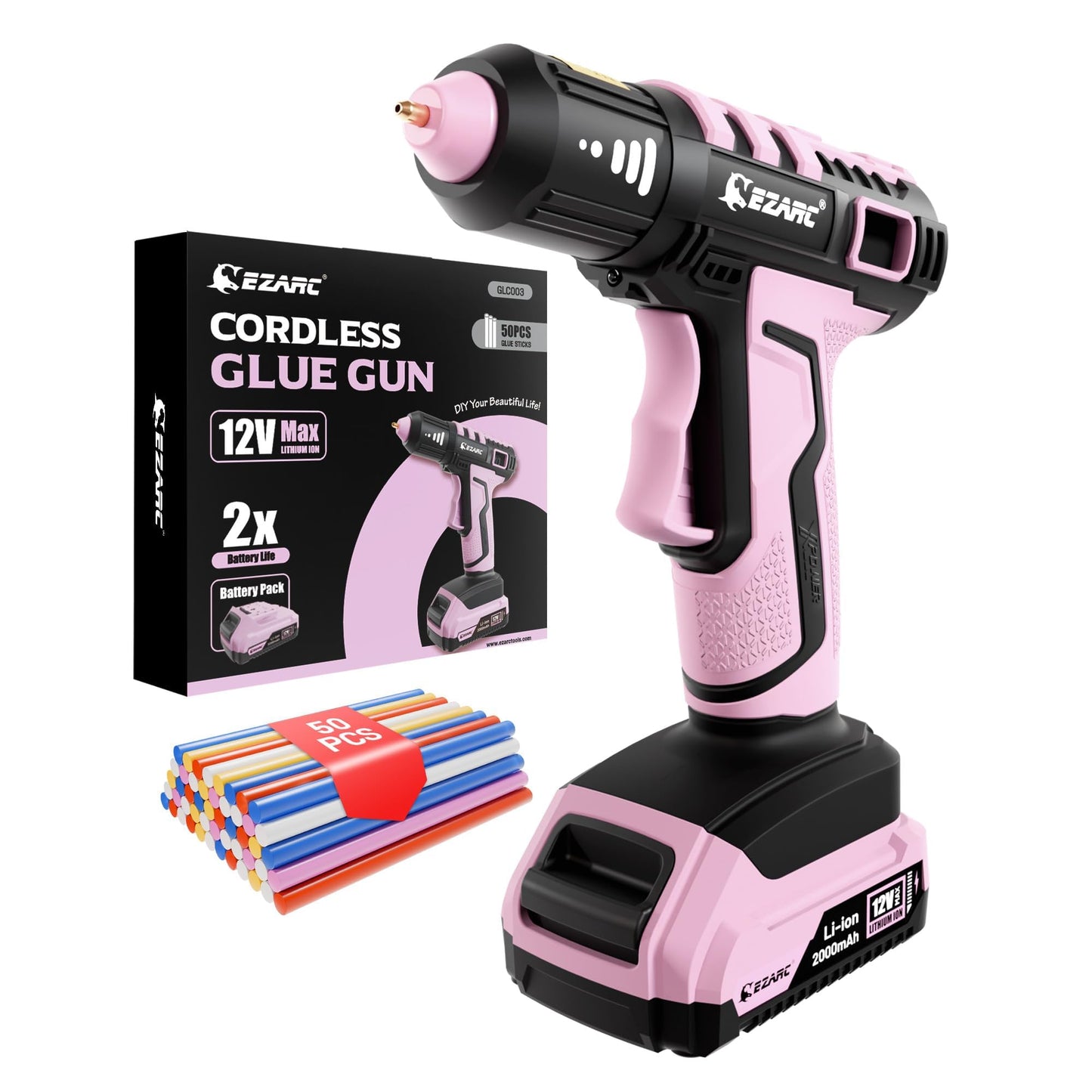 EZARC 12V Cordless Mini Hot Glue Gun, 15s Fast Heating for DIY Crafts, Home Repairs & School Projects, Includes 50 Pink Glue Sticks