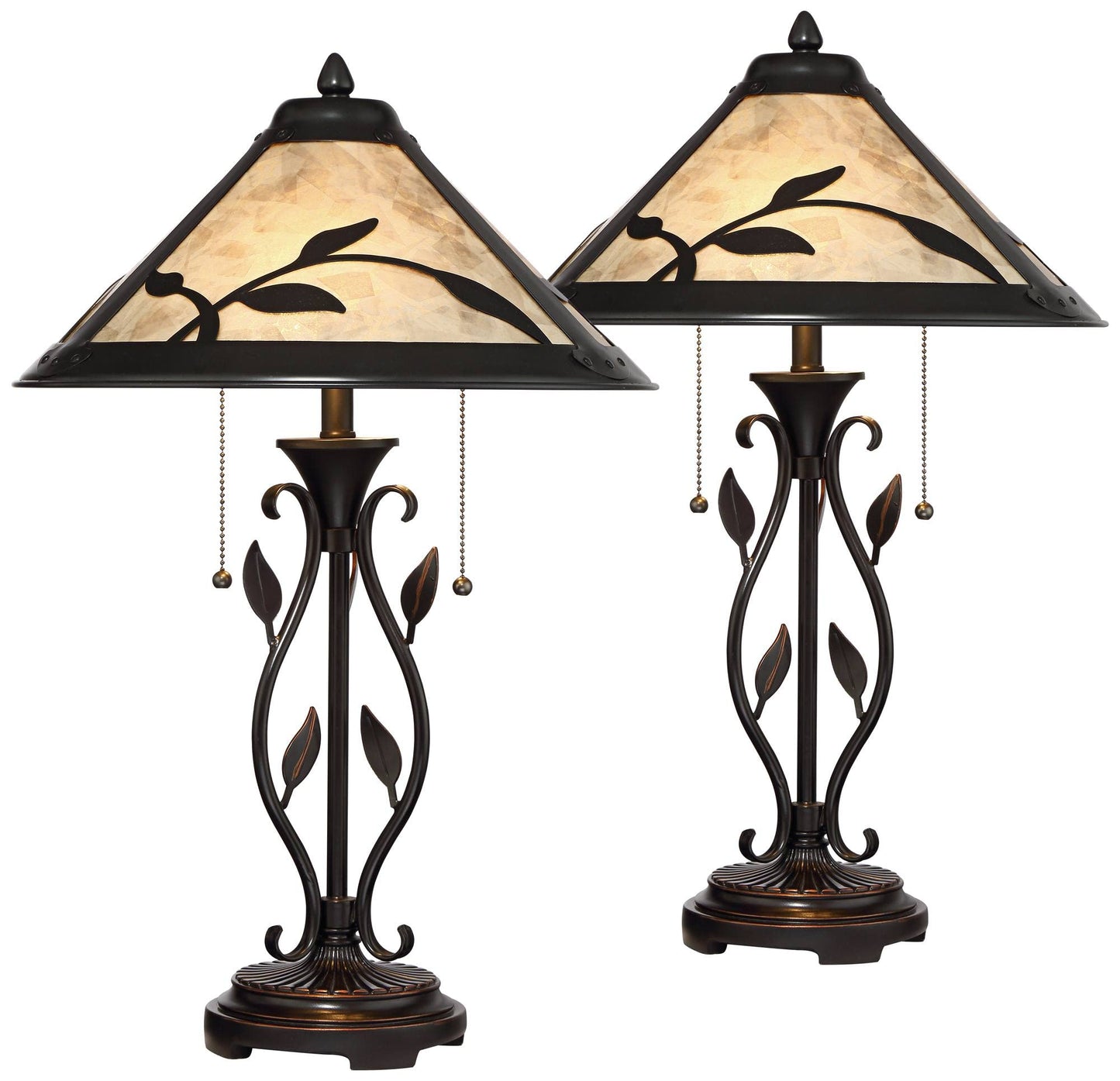 Franklin Iron Works Feuille Farmhouse Table Lamps Set of 2, 23.75" Rustic Leaf & Vine Accent Lamps with Pull Chain, Mica Shade for Bedroom Living Room